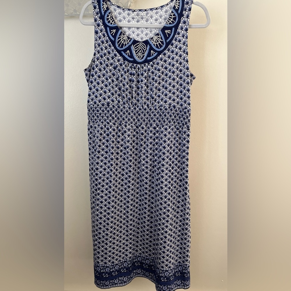 Charter Club Beaded Blue & White Print Sleeveless Cotton Knit Dress Size Medium
